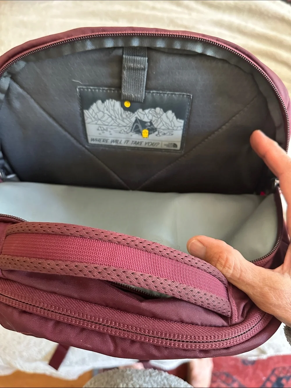 The North Face Maroon Backpack with Gray Accents